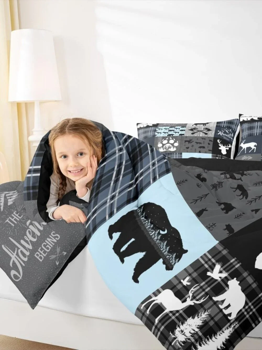 Cabin Retro Rustic Lodge Quilt King Size, Bear Deer Country Comforter Set For Ki
